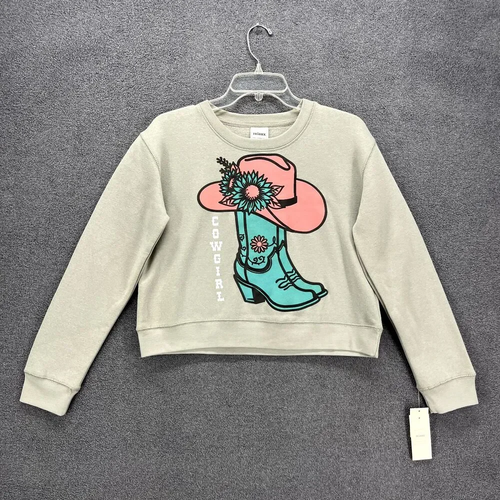 Relaxx Sweatshirt Womens Small‎ Cowgirl Graphic oversized Crop Top Sweater